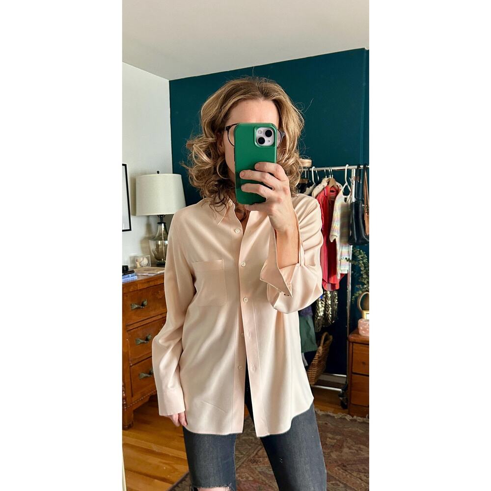 Vintage 90's 100% Silk Peachy Pink Long Sleeve Button Down Blouse Size Medium